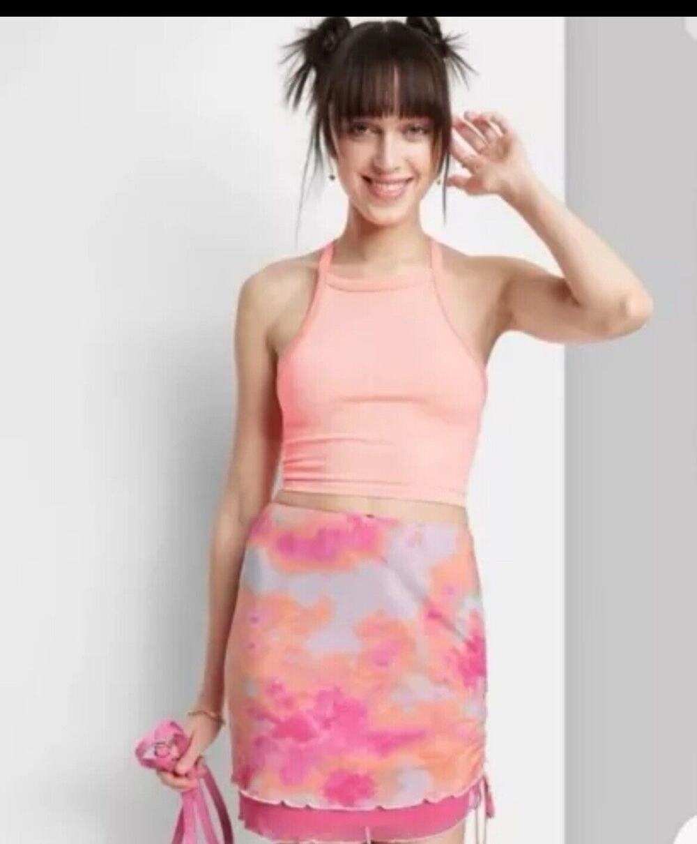 Women's Mesh Side Ruched Mini Skirt - Wild Fable Skirt Size M Pink Tie-Dye